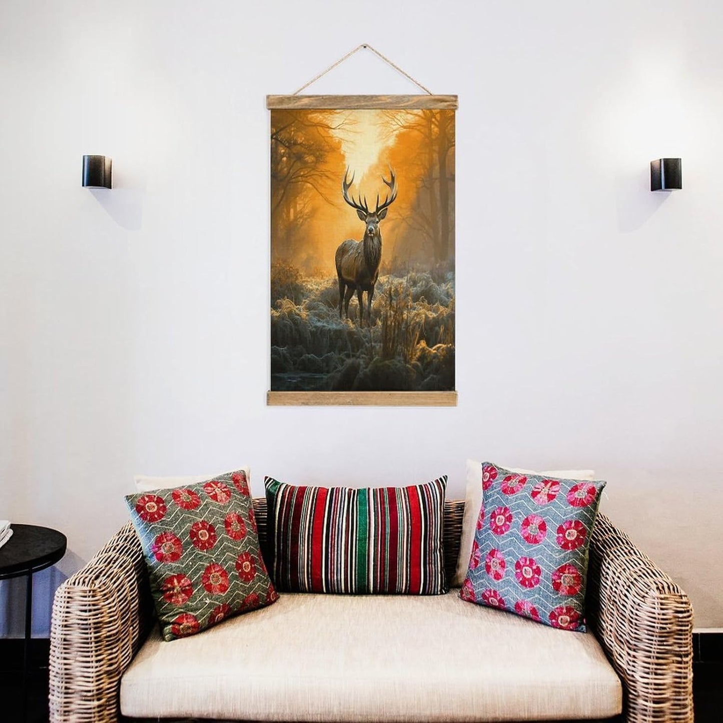 Vintage Deer in Forest Poster with Wooden Frame Personalized Linen Hanging Scroll Painting Rustic Wall Hanging Illustrative Modern Artwork Decor for Home Living Room Bedroom Office