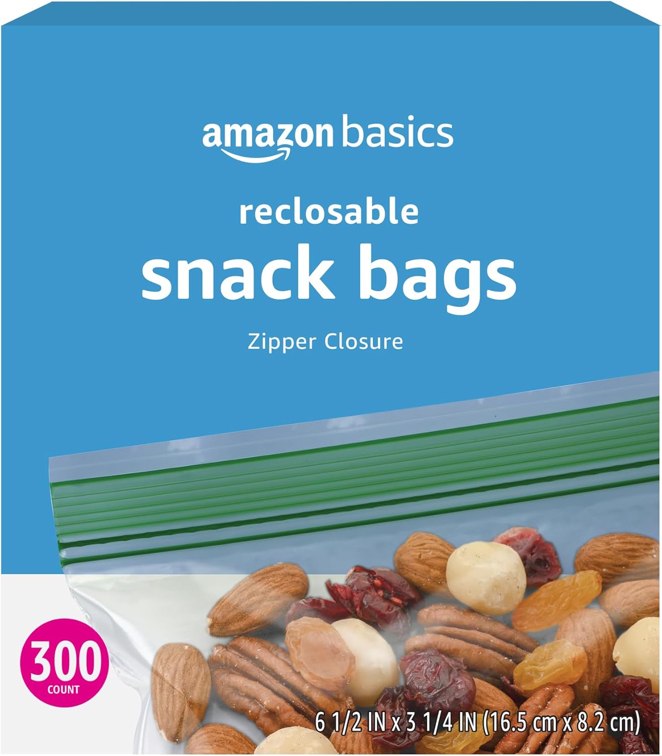 Amazon Basics Reclosable Food Storage Snack Bags, 300 Count