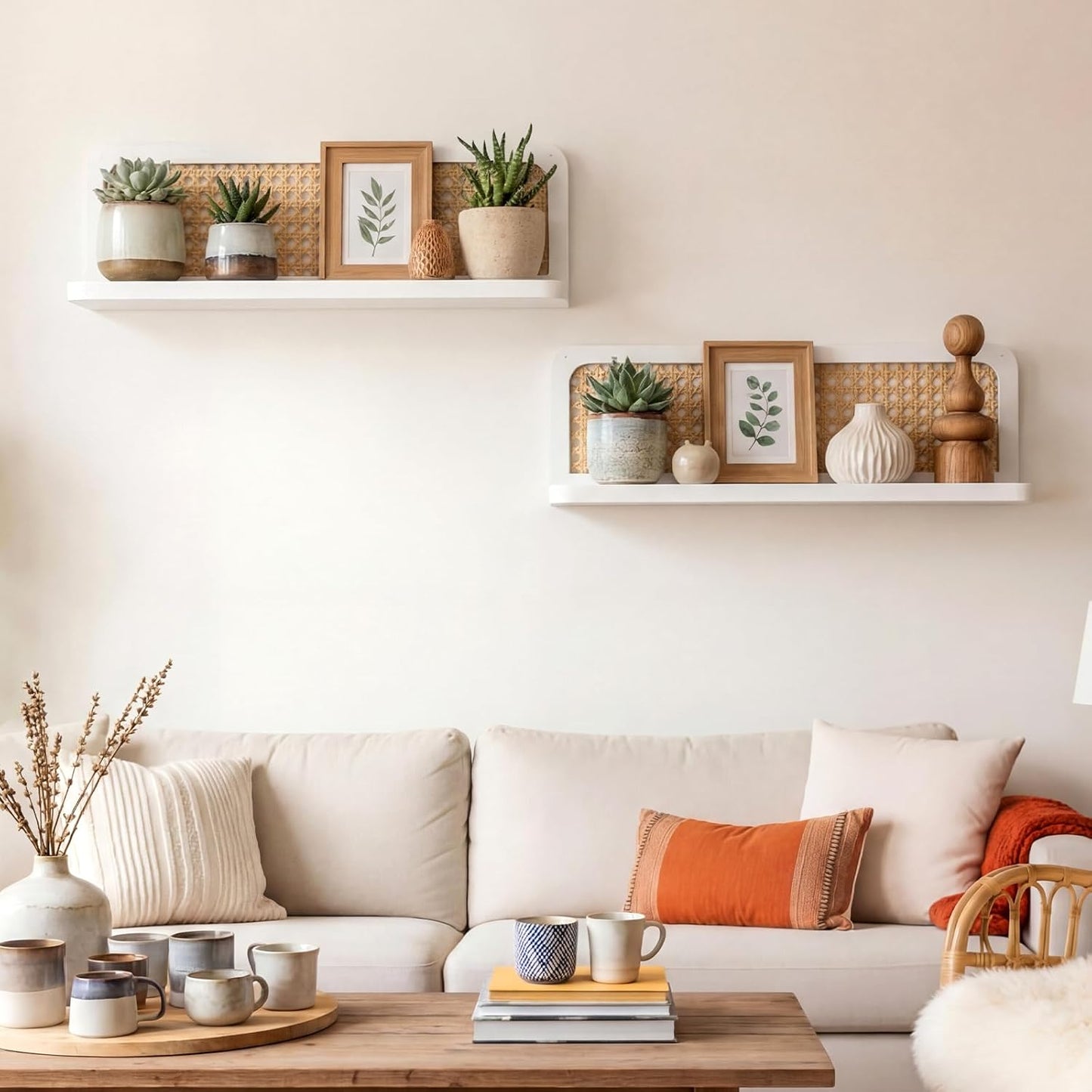 Kathfly Floating Shelves for Wall Set of 4 Mounted Rustic Boho Rattan Wood Wall Shelves for Bathroom Bedroom Living Room Kitchen 15.7 White Hanging Shelf for Book Storage Farmhouse Decor
