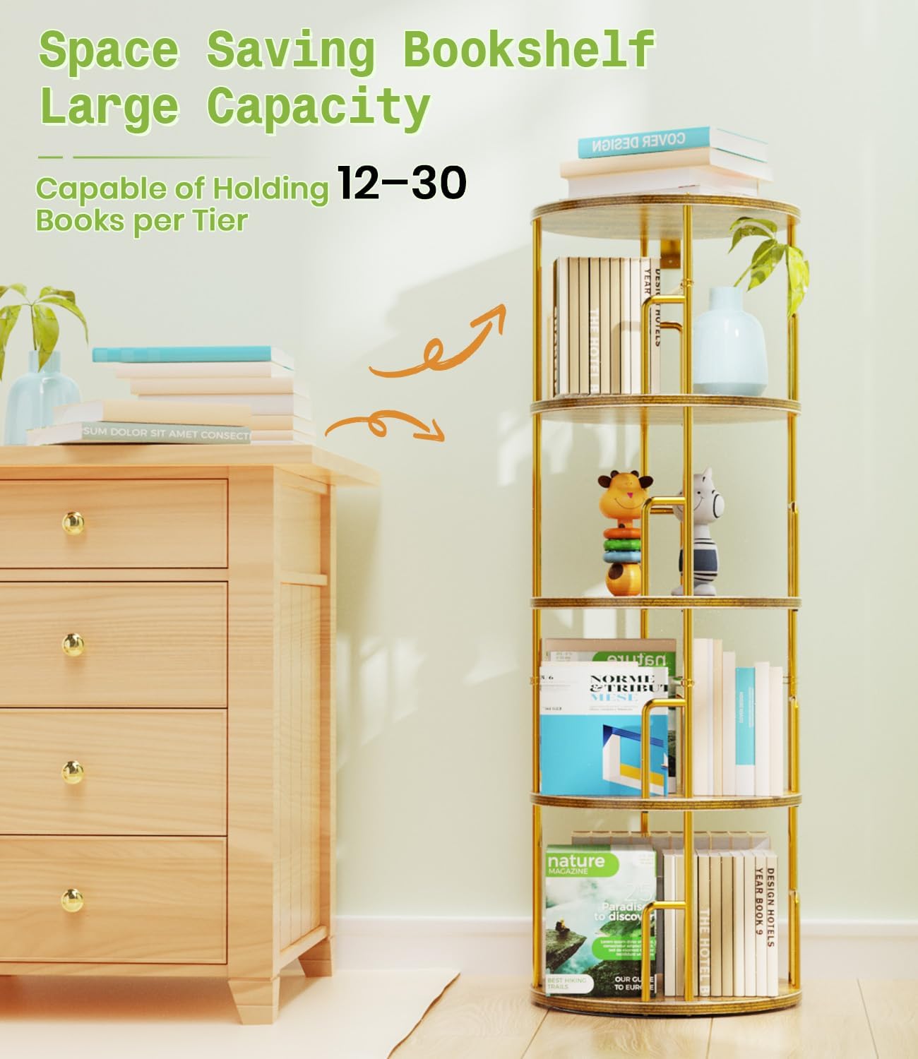 4 Tier Rotating Bookshelf Tower Round Gold,50” Floor Standing Spinning Bookshelf Tower Anti-Tipping Design,Metal & Wood Revolving Bookcase Stackable Space Saving for Small Spaces,Study,Living Room