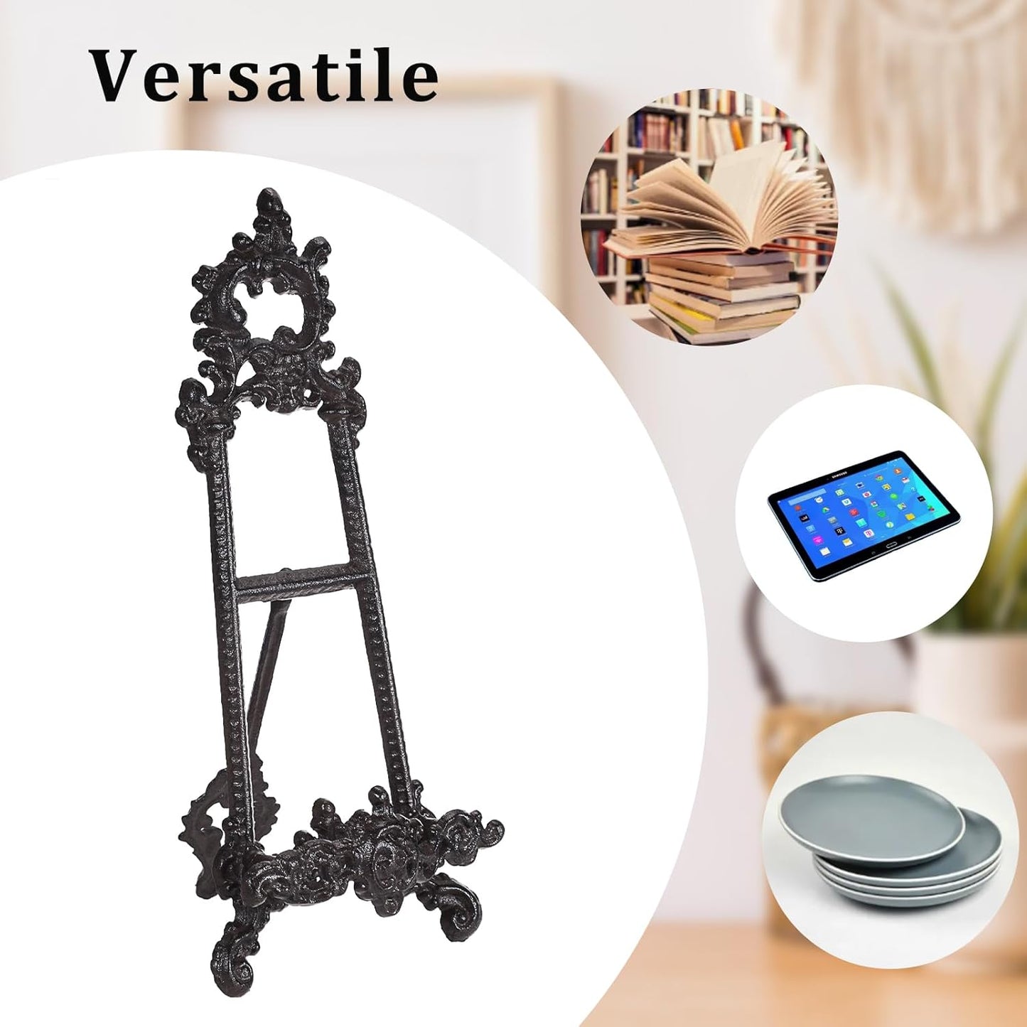 Cast Iron Cookbook Stand - Heavy-Duty Metal Recipe Book Holder, Vintage Cast Iron Display Rack for Recipe Book, Bible, Magazine & Plate, Home Kitchen Countertop Decor