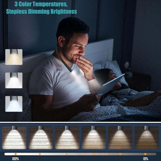 LED Neck Reading Light, Book Light for Reading in Bed, 3 Colors, Stepless Dimming Brightness, Bendable Arms, Hand Free Rechargeable, Perfect for Reading, Knitting, Camping, Repairing.