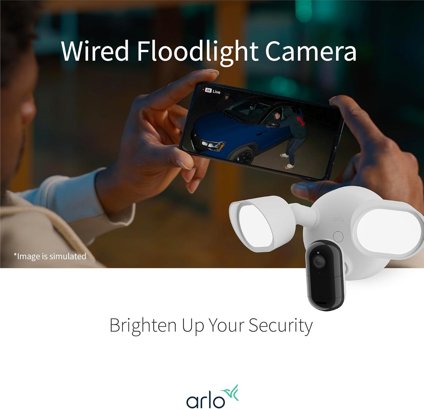 Arlo Wired Floodlight Camera, Home Security Camera with 2K Video and HDR, 2000 Lumens, Integrated Siren, Weather-Resistant, Color Night Vision, 160º Field of View, 2-Way Audio, White (2025)