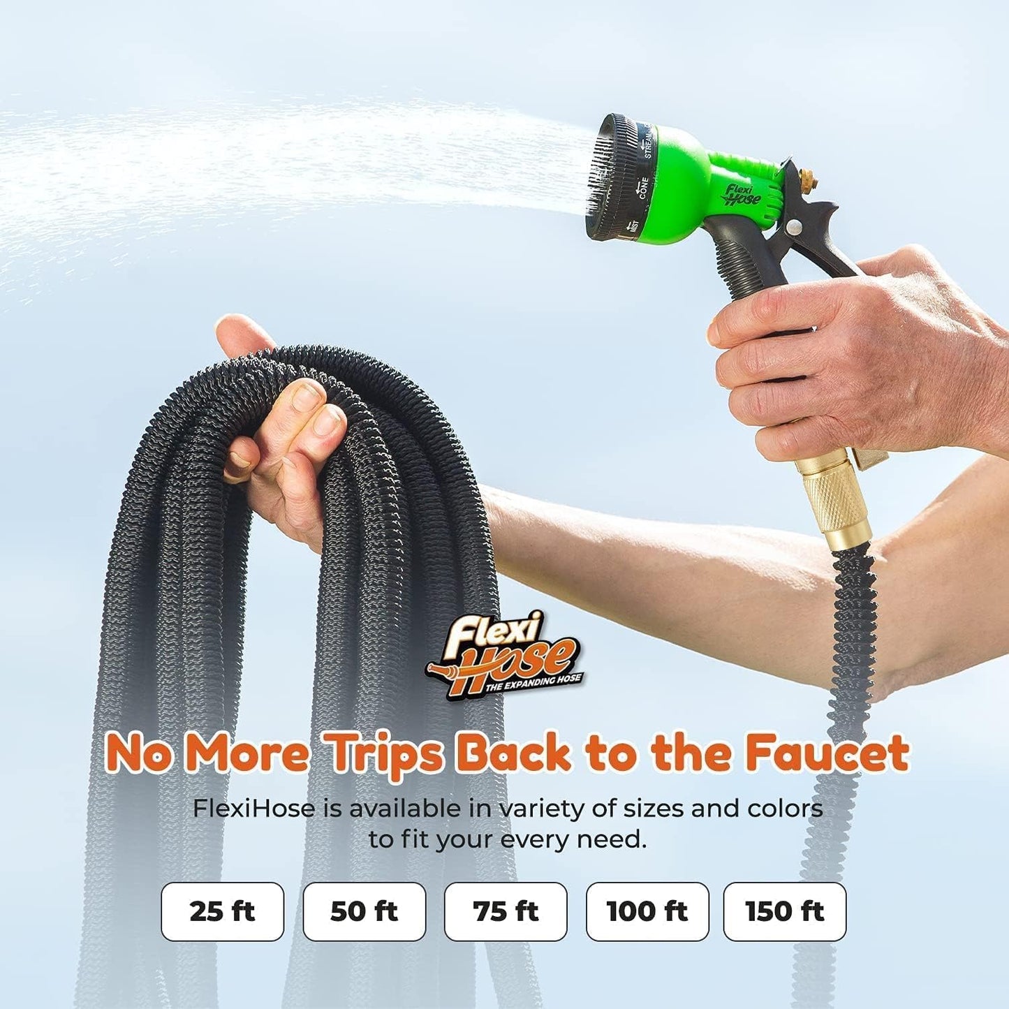 Flexi Hose PLUS with 8 Function Nozzle Expandable Garden Hose, Lightweight & No-Kink Flexible Garden Hose, 3/4 inch Solid Brass Fittings and Double Latex Core, 75 ft Black