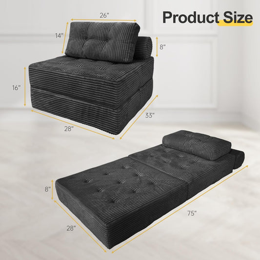 Folding Sofa Bed, Convertible Couch Chair with Pillow, Boneless Velvet Foldable Sleeper Sofa with Back Support, Portable Fold Out Lounger for Living Room, Apartment & Dorm, Dark Grey Corduroy | Lumbar Pillow