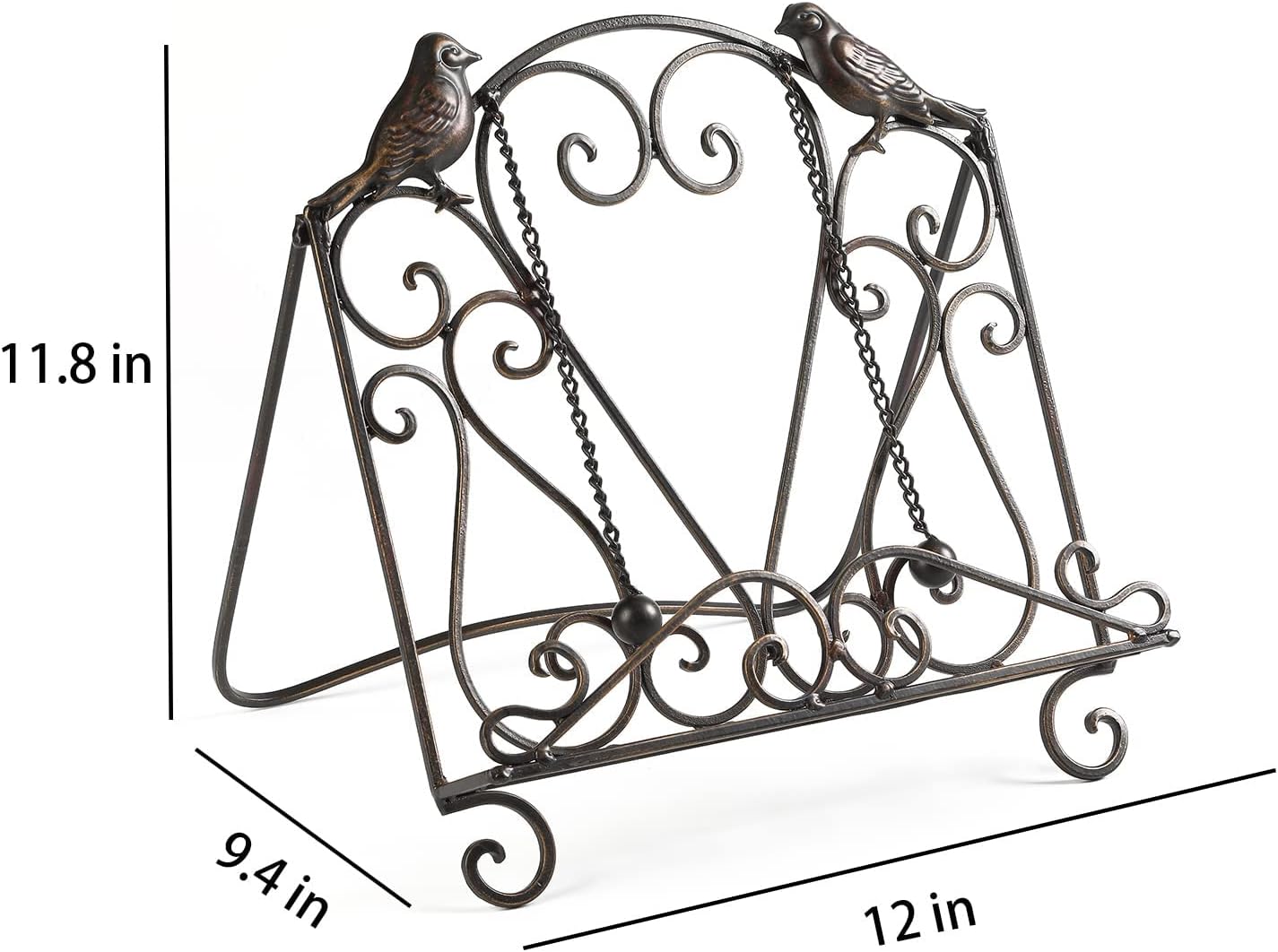 Metal Cookbook Stand Clearance Recipe Book Holder for Kitchen (Birds/Vintage Scrolls, Bronze)