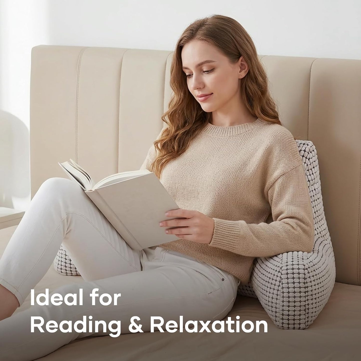 NOONTIDE Reading Pillow with Top Handle,Uniquely Designed Soft Fabric, Ergonomic Back Support for Bed,Cover Washable Sit up Pillow,Watching TV/Gaming/Relaxing(White)