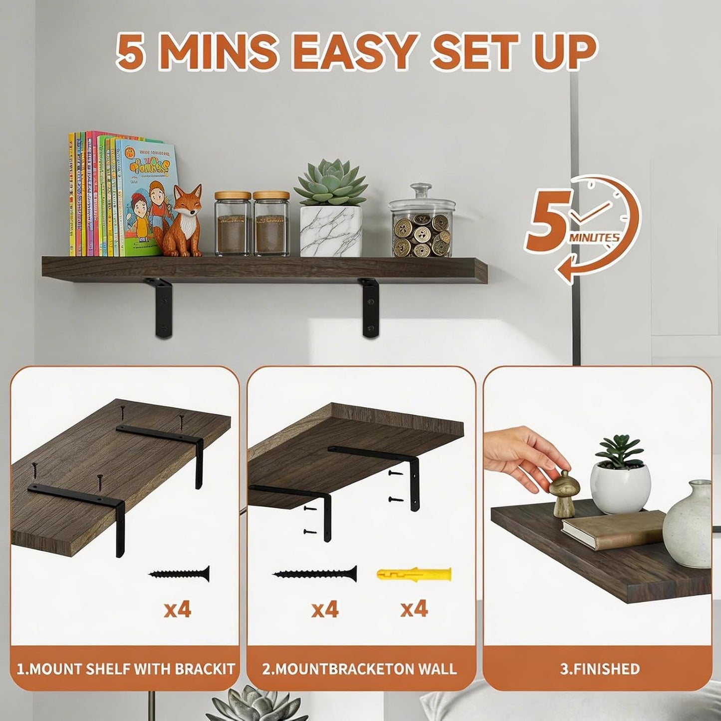 LifetimeWarranty Easy Install Wall Shelves with Brackets,15.7 Inch Wall Mounted Wood Floating Wall Shelf, Small Wall Shelf for Storage&Home Decor, Living Room,Kitchen,Office,Book Corner Shelf,Set of 3