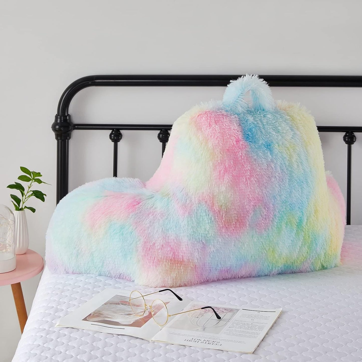 Faux Fur Backrest Pillow for Kids, Teen Reading Pillow with Arms, Fluffy Back Support Pillow for Sitting Up in Bed/Couch, Bed Wedge Pillow for Girls, Reading & Bed Rest Pillows (Pink)