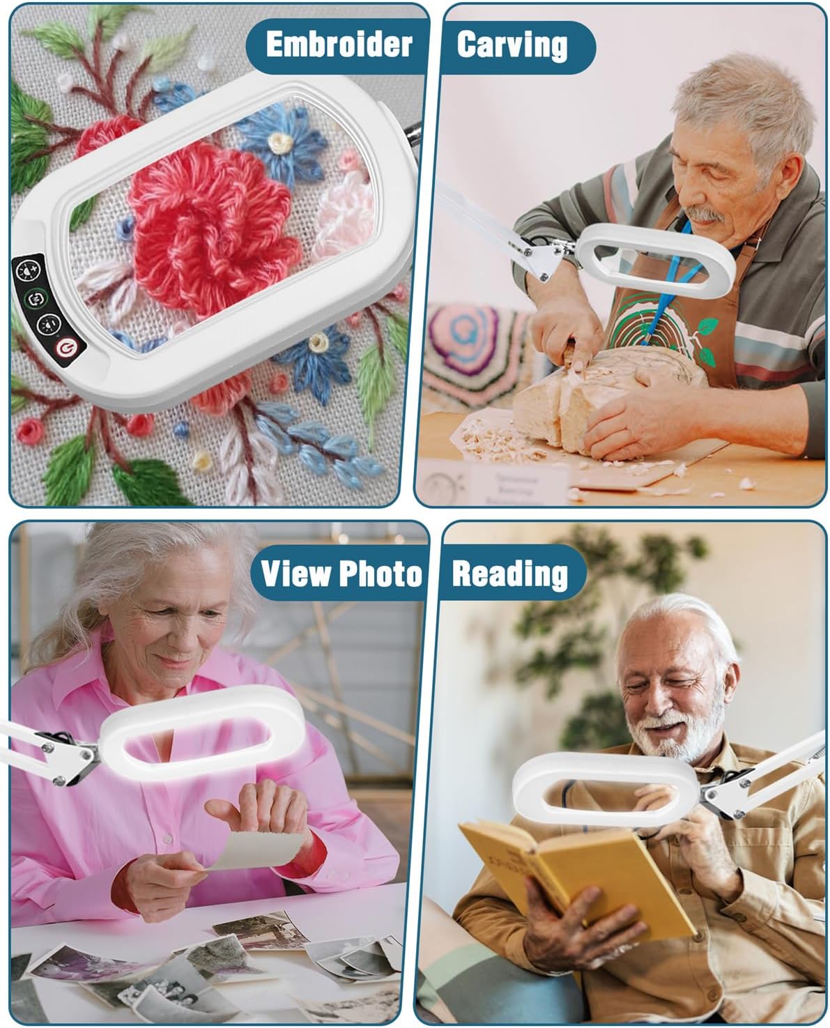 12X Rectangle Magnifying Glass with Light and stand, 2*16 Inch Swivel Arm LED Lighted Clamp Desk Lamp, 5 Color Modes Stepless Dimmable, Large Magnifier with Light for Reading Painting Close Work White