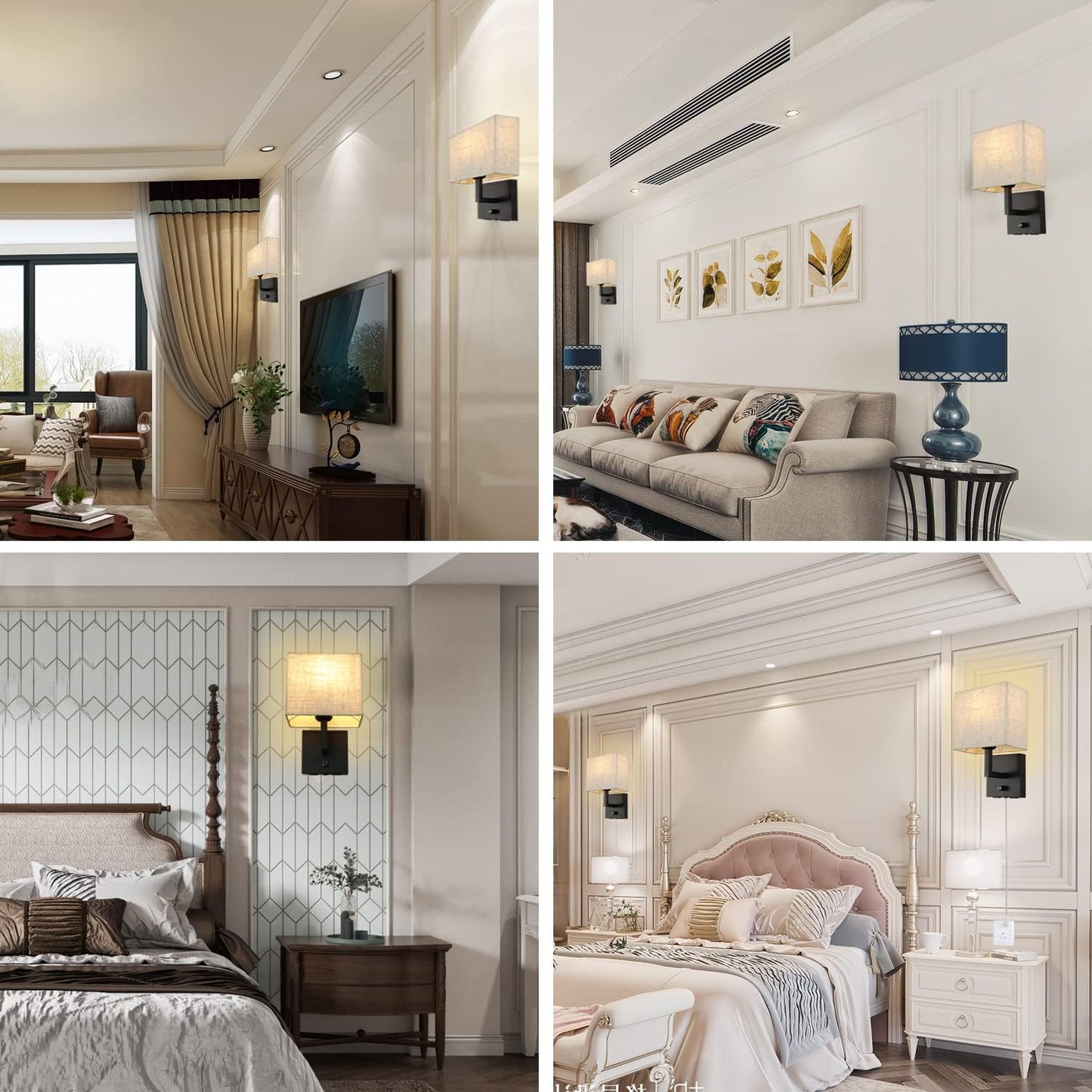 Bedside Wall Mount Light with Dimmer Switch and Two USB Charging Port, Fabric Linen Shade Wall Sconces Light with Plug in Cord, Black Wall Lamp Perfect for Bedroom, Living Room and Hotel