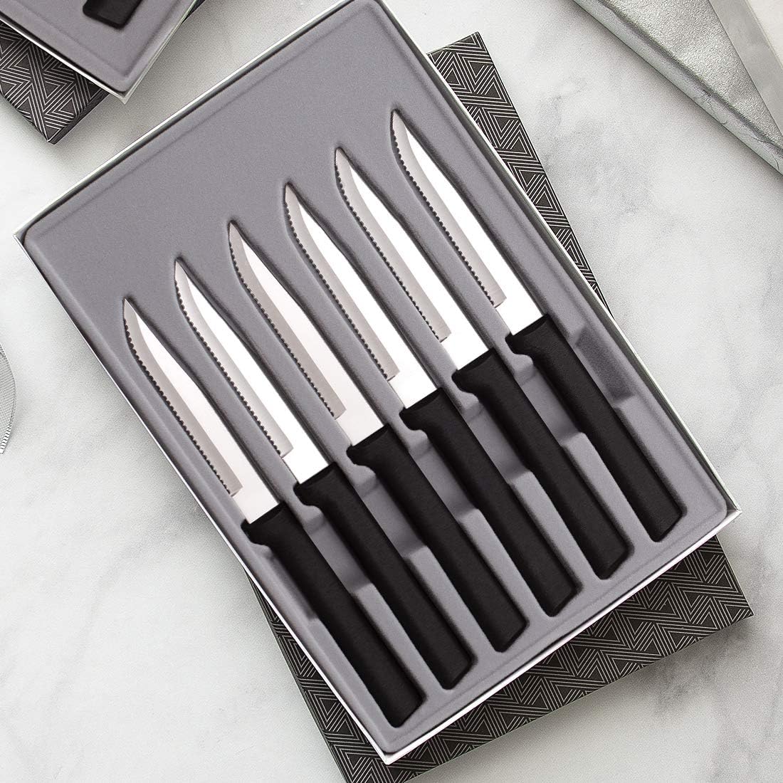 Rada Cutlery Six Serrated Steak Knives Gift Set (G26S), 6-Piece Knife Set, Stainless Steel Blades, Black Handle