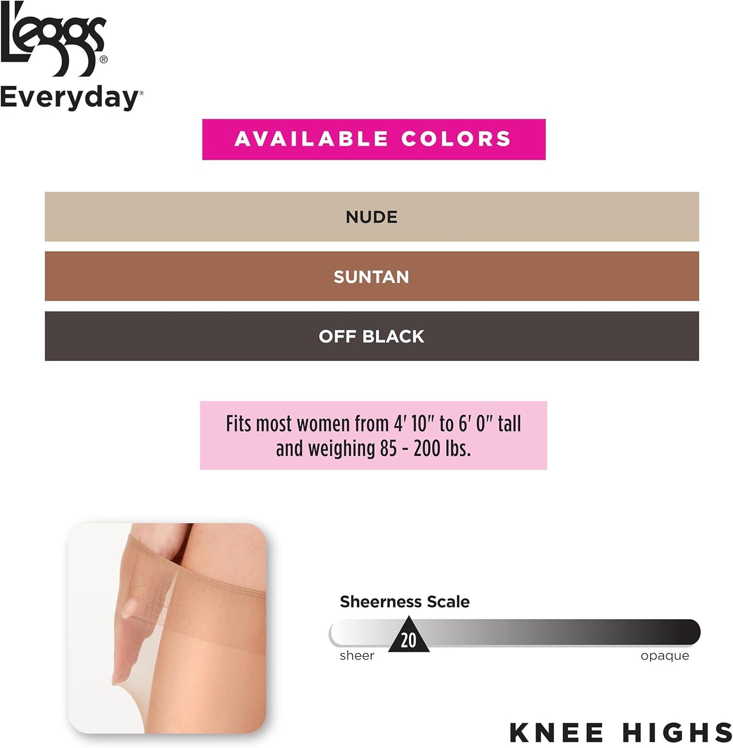 L'eggs Everyday Women's Knee High Stockings, Reinforced Toe, 100% Nylon, One Size