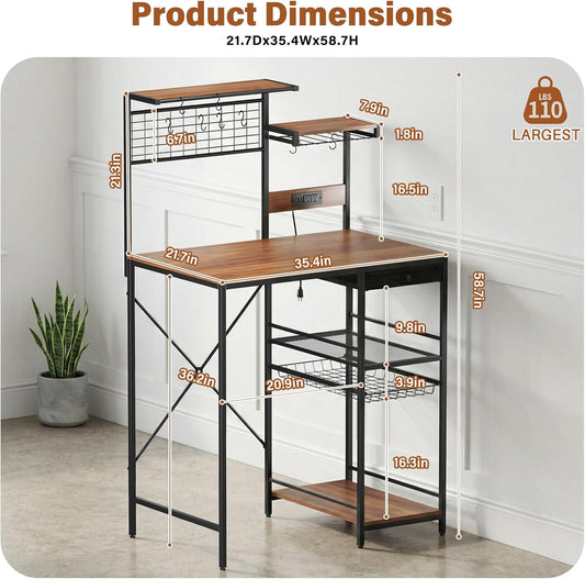CozyDH Large Bakers Rack with Power Outlet, Kitchen Microwave Stand with Storage Shelves, Wire Basket and 12 S-Shaped Hooks, 35.4 Inches Rustic Brown Coffee