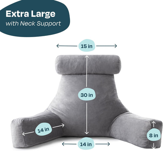 Linenspa Reading Pillow with Shredded Memory Foam- X-Large Size with Neck Support - Back Pillow for Sitting in Bed, Reading, Gaming, Watching TV – Bed Chair with Arms, Dorm Room Essentials, Stone