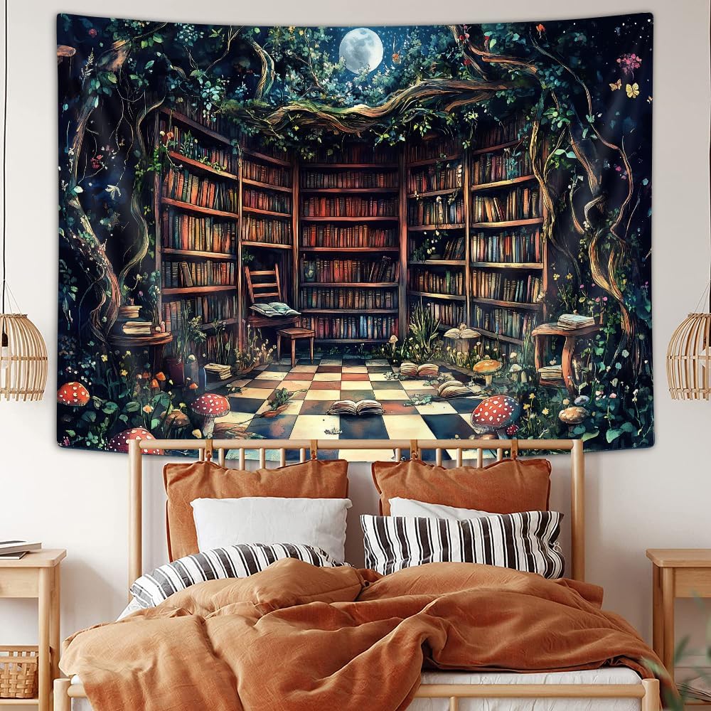 JAWO Fantasy Forest Tapestry Aesthetic, Witchy Fairy Mushroom Moon Vintage Library Nature Tapestry Wall Hanging for Bedroom, Dark Retro Magical Bookshelf Tapestries Poster Dorm Home Decor 90X70Inches