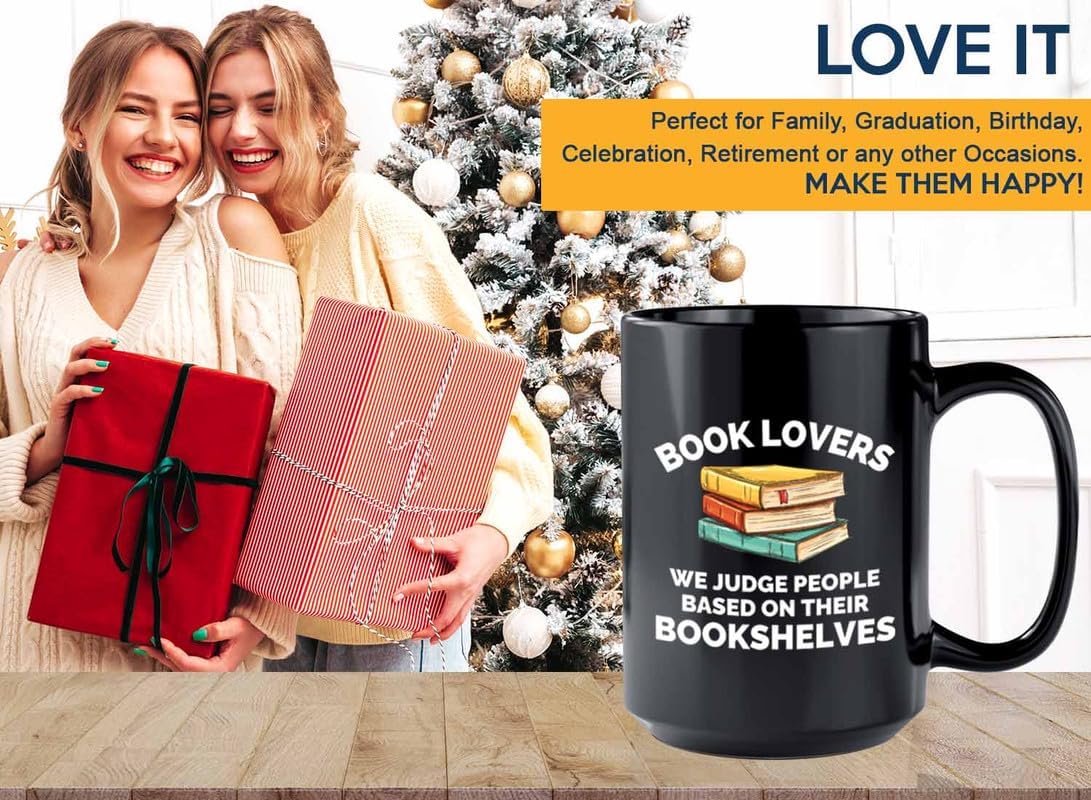 Book Lover Coffee Mug 15oz Black - We judge people - Gift For Poets Bookish People Bibliophile Librarian Book Club Reader