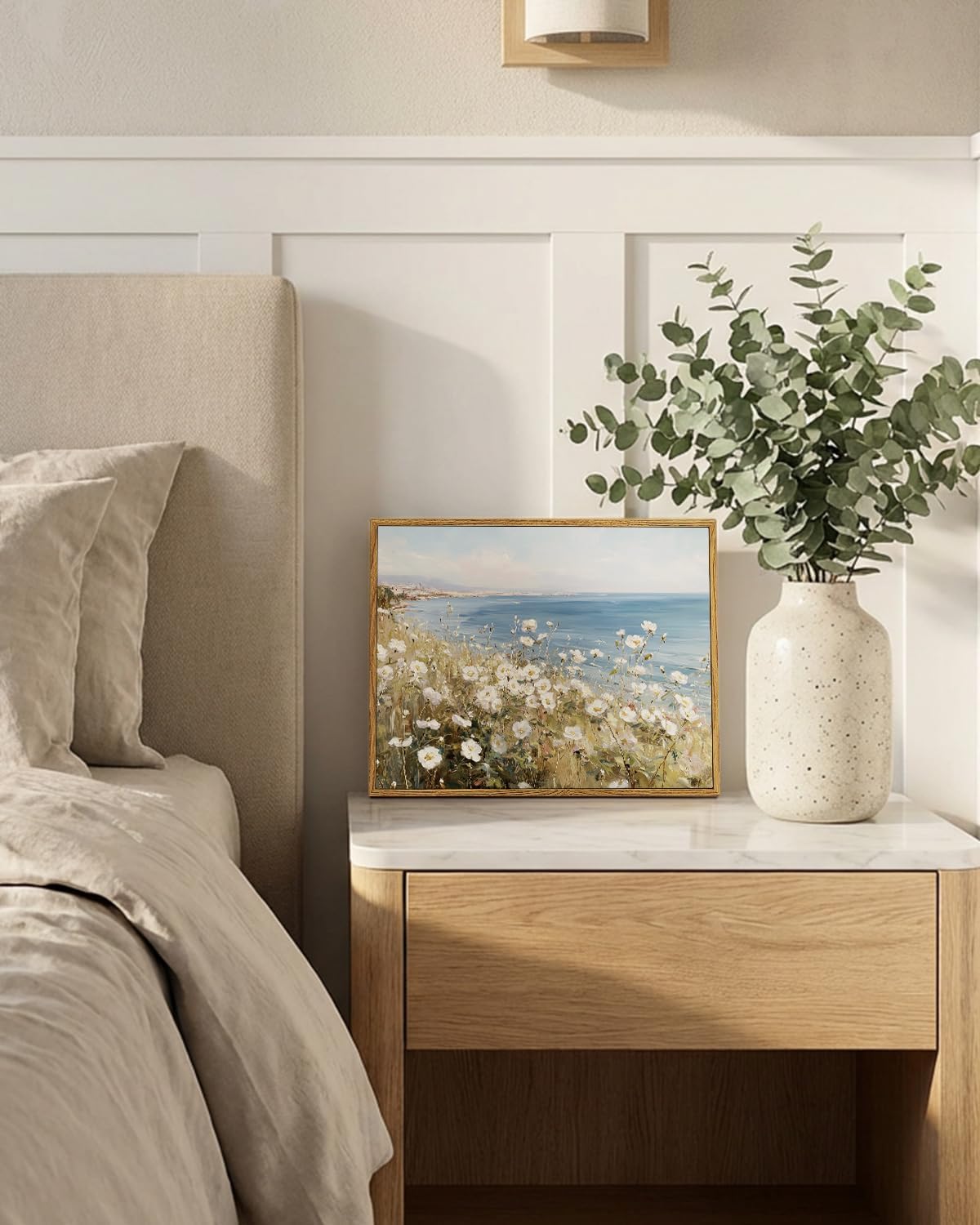WHASAYART Framed Coastal Landscape Canvas Wall Art, Blue Ocean and Seaside Meadow White Poppy Flower Field Print Painting, Spring Summer Pictures Decor for Dining Room Living Room Bedroom 12x16