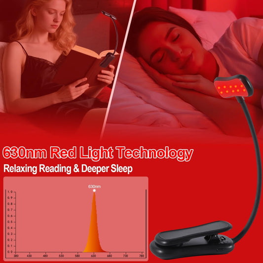 630nm Red Book Light - Zero Blue Light, Rechargeable Clip On Red Reading Light for Reading at Night, Poratble Dimmable LED Book Lamp, Perfect for Travel Nursing Studying