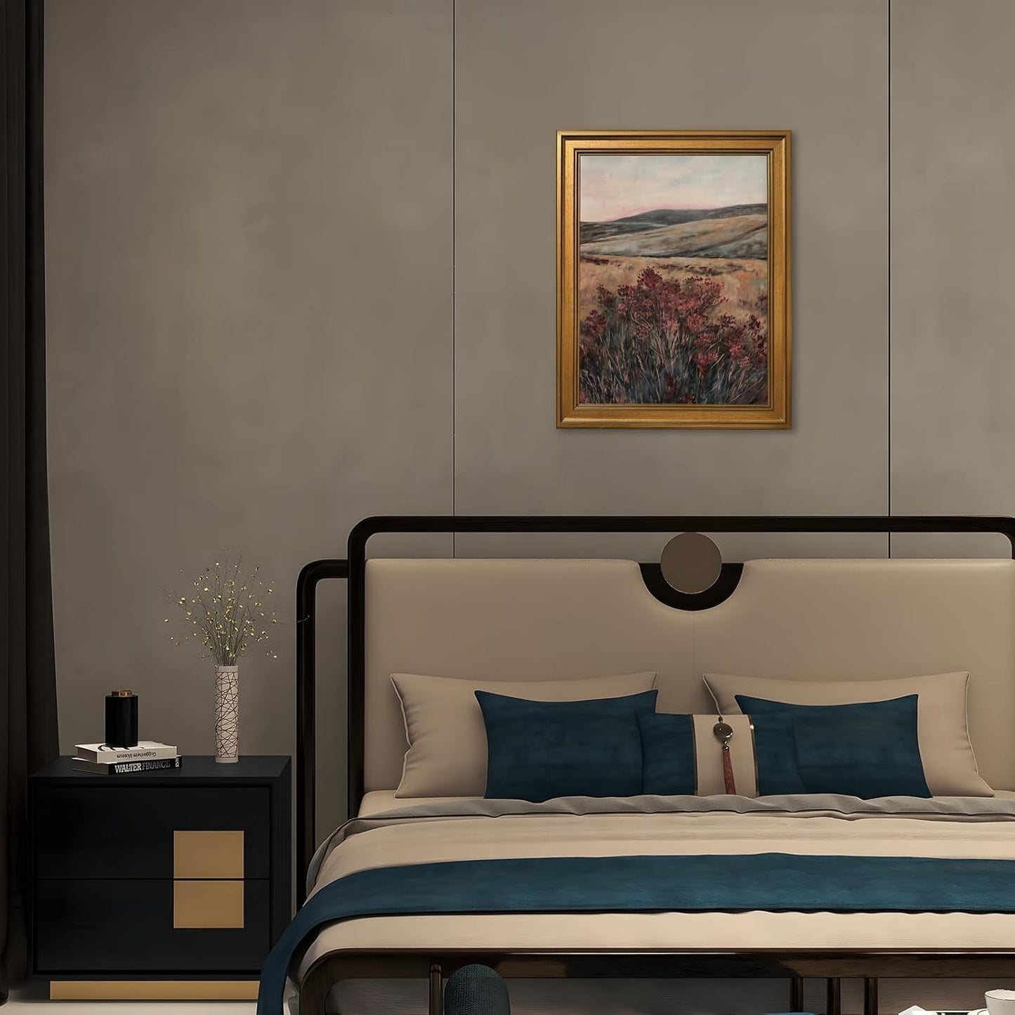 Gold Framed Landscape Canvas Wall Art Vintage Moody Dark Maroon Wildflower Oil Painting Poster Nature Botanical Flower Wilderness Picture Rustic Country Farmhouse Home Bedroom Decor 12x16inch