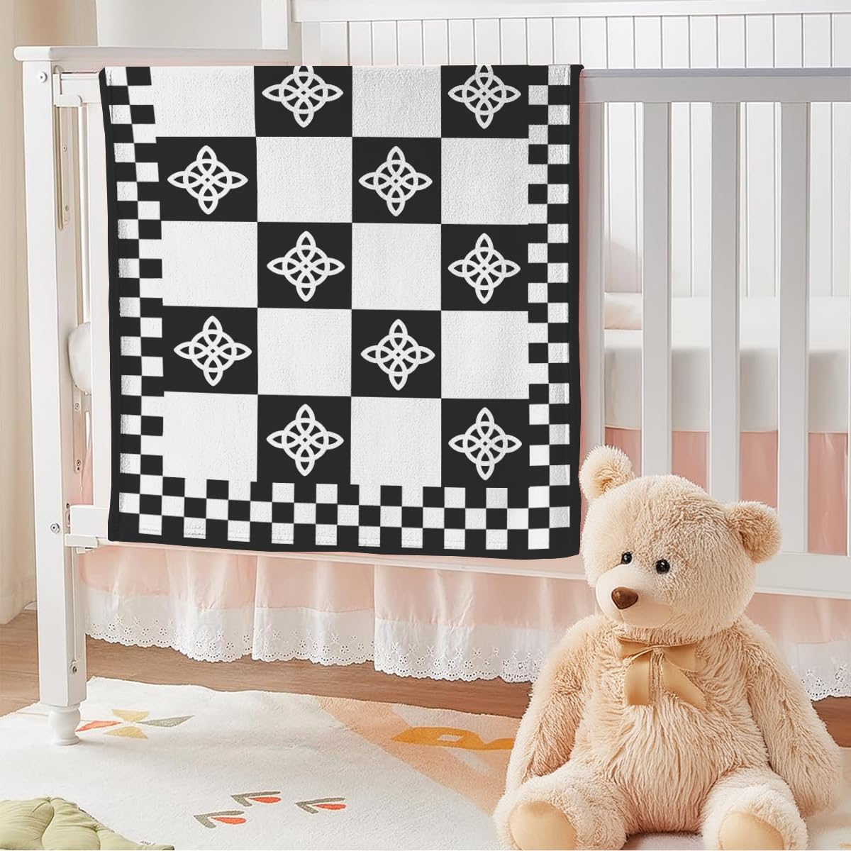 NIGHTCRUZ Witch Knot Throw Blanket, Black and White Checkered Pattern, Celtic Knot Decorative Blanket for Sofa and Couch (60" x 50")