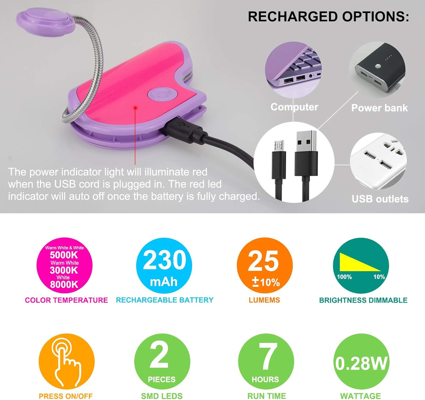 BIGMONAT Book Reading Light for Kids - Rechargeable, Portable LED Reading Lamp with Rotary Neck, Clip-on Light in Bed (Purple)