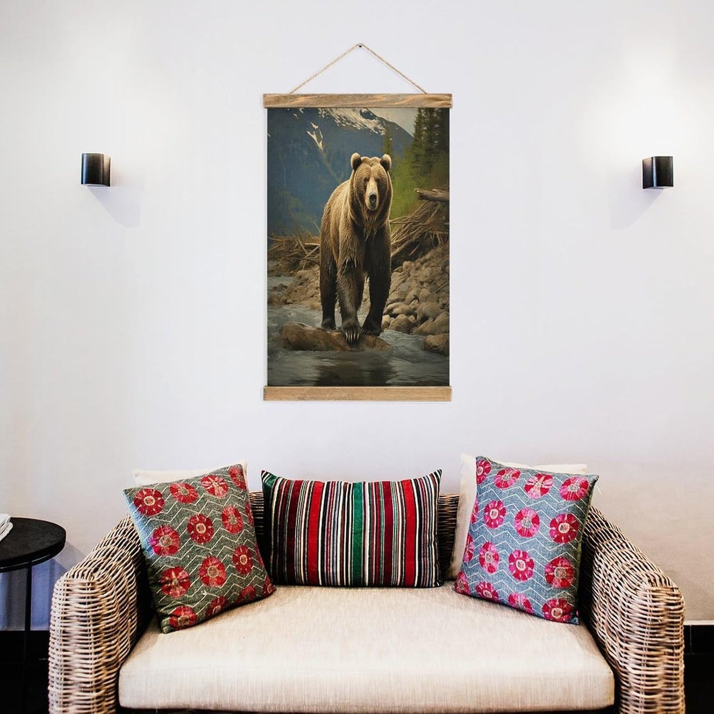 Vintage Brown Bear Poster with Wooden Frame Personalized Linen Hanging Scroll Painting Rustic Wall Hanging Illustrative Modern Artwork Decor for Home Living Room Bedroom Office