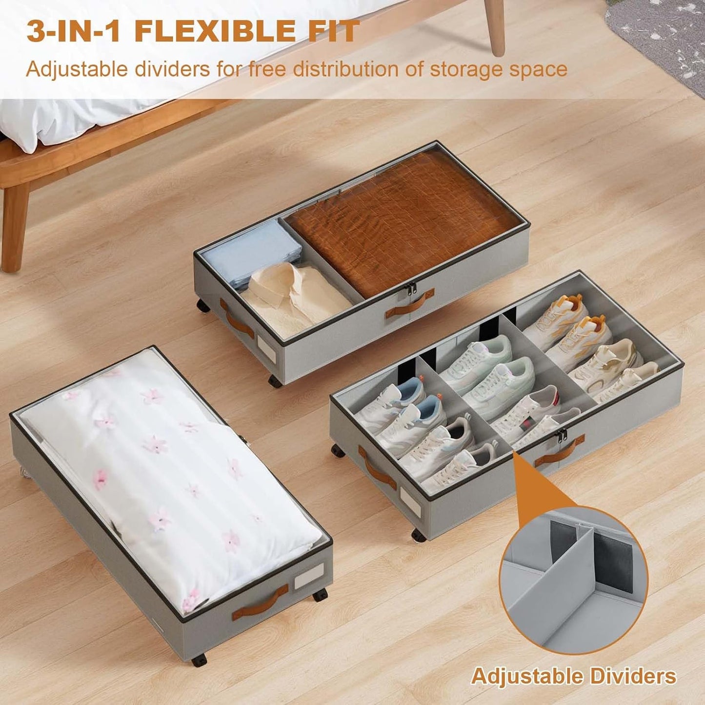 GAOMON Under Bed Storage with Wheels, 2 Pack Rolling Under-Bed Storage Containers with Clear Lids, Low Profile Storage Bins for Clothes, Shoes, Toys, Blankets - Space Saving Underbed Organizer