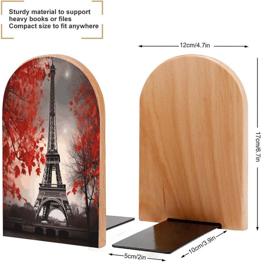 Eiffel Tower Autumn Leaves Bookend for Shelves Wooden Book End Large Size Sturdy Book Holders Stoppers with Metal Base for Bookshelves Slick Decorative Bookends Stands