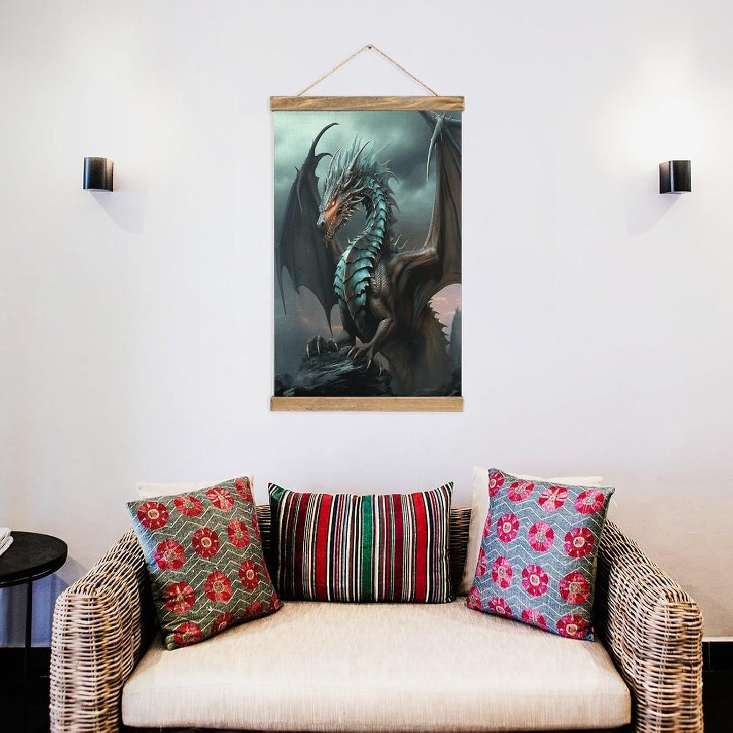 Vintage Cool Dragon Poster with Wooden Frame Personalized Linen Hanging Scroll Painting Rustic Wall Hanging Illustrative Modern Artwork Decor for Home Living Room Bedroom Office