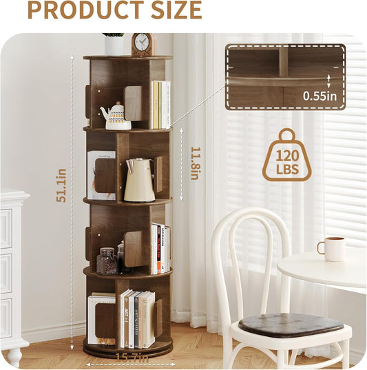 Uniclinens Wooden Rotating Bookshelf Tower 4-Tier, 360 Display Spinning Bookcase, Narrow Revolving Book Shelf Organizer for Kids&Adults, Round Bookshelves Floor Standing Storage Rack, Walnut