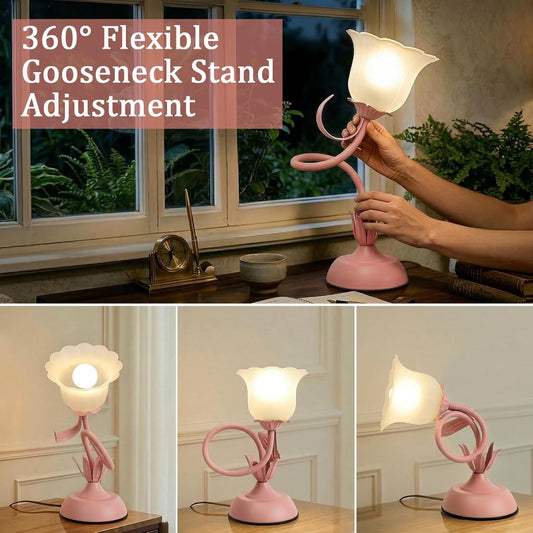 Vintage Flower Table Lamp, 3 Color Temperature Flexible Gooseneck Cute Small Desk Lamp for Bedroom, Kawaii Nightstand Bedside Lamps for Living Room, Dorm, Office, Home Decor (Pink) (Pink)