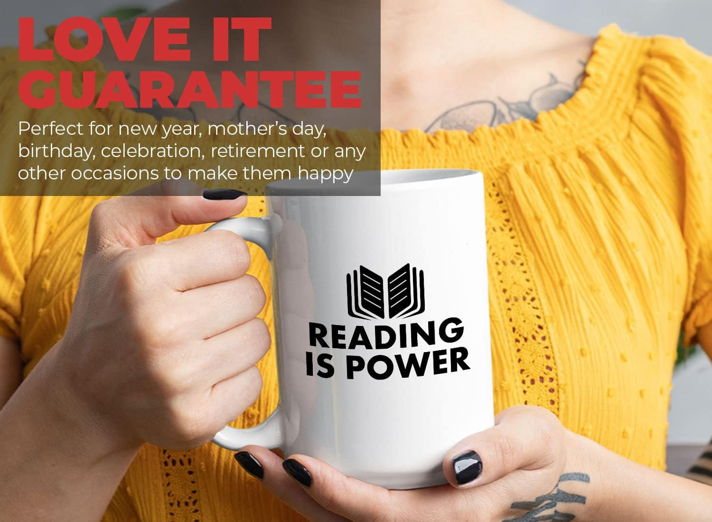 Book Lover Coffee Mug 15oz White - Reading is power - Literary librarian Literature Bookworm Historian Public Library Curator Bibliophile Bibliolater
