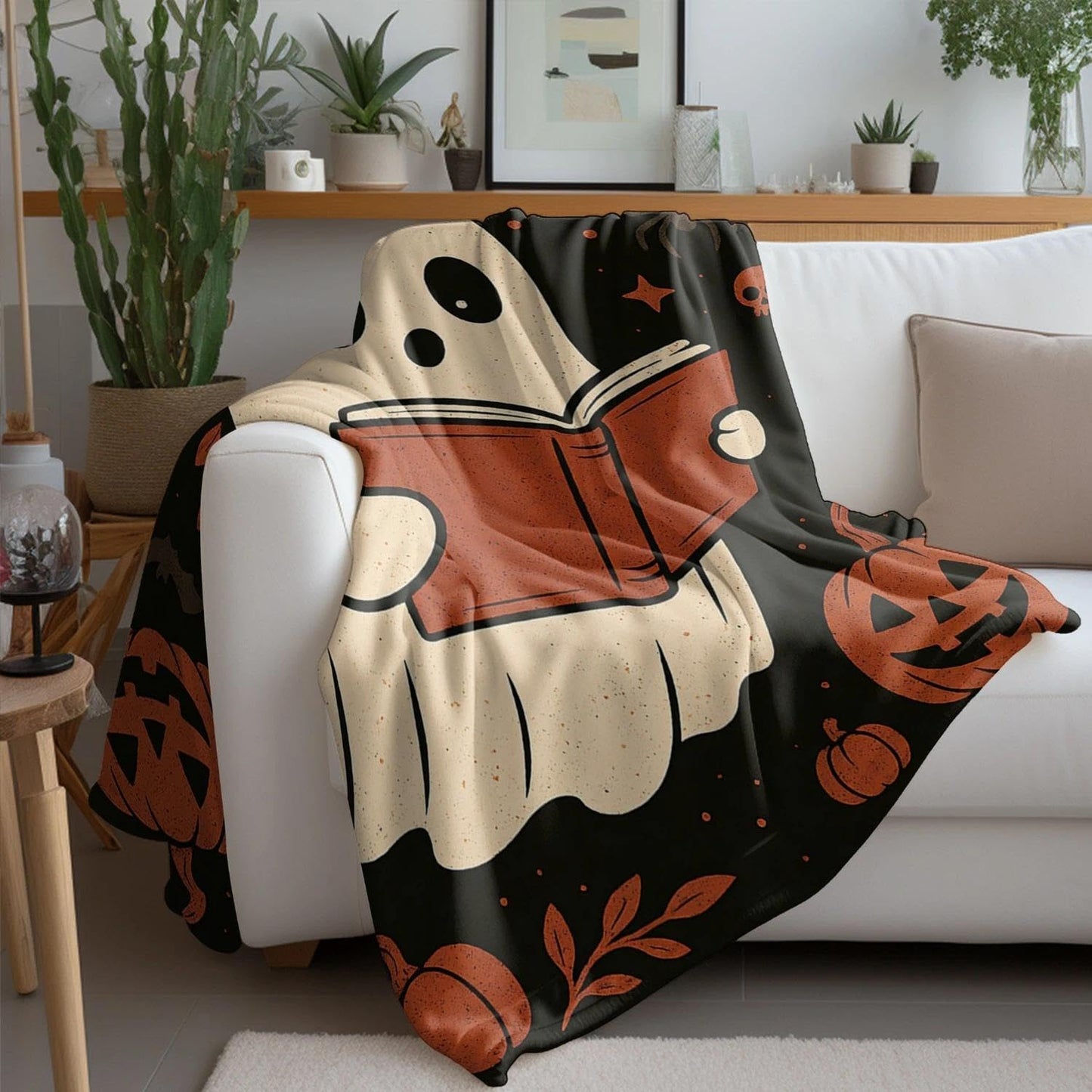 Ghost Reading Blanket 60×50 Inch – Halloween Cozy Soft Throw Blanket with Cute Ghost and Pumpkin Design, Spooky Halloween Decor for Bedroom, Living Room, Sofa, Couch