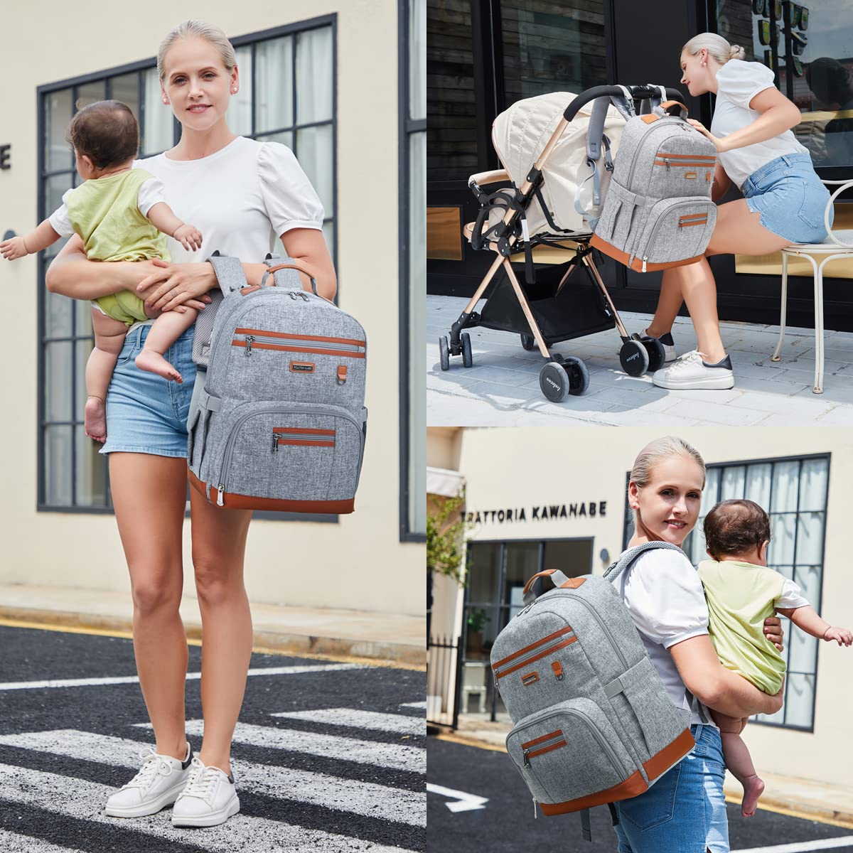 Diaper Bag Backpack, Large Baby Nappy Bags with Portable Changing Pad for Boys and GirlsMultifunction Travel Baby Bag for Moms Dads, Shower Gifts Waterproof and Stylish,Grey