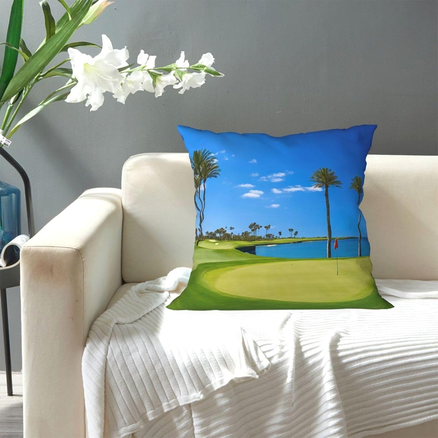 All-Season Square Pillow Covers 18"X18", Golf Course Sea, Decorative Throw Pillow Covers for Sofa Bed Couch, Hidden Zipper Cushion Cover, Square Lumbar & Accent Pillowcases for Home Decor