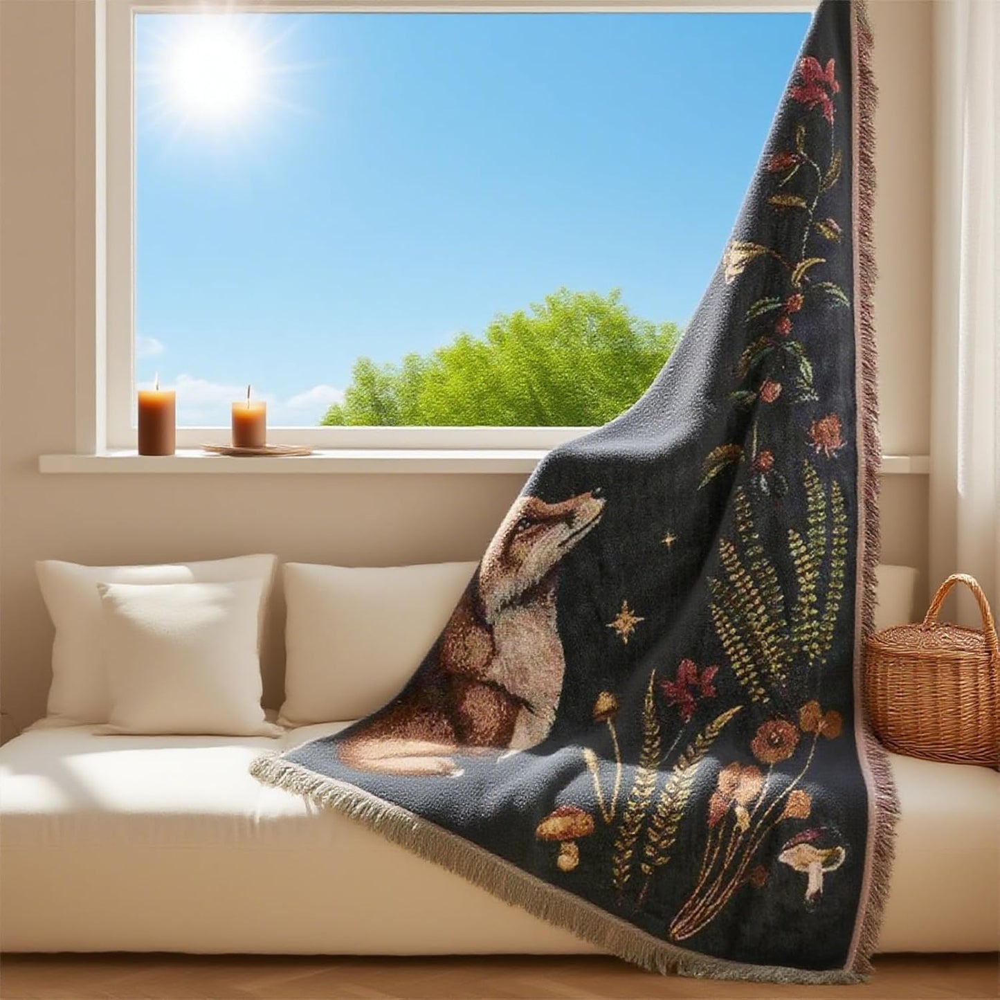 Mystical Fox Moon & Stars Woven Throw Blanket, Floral Tapestry Blanket with Fringe, Cozy Decor for Sofa, Bed, Living Room
