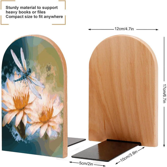Flying Dragonflies Lily Flower Bookend for Shelves Wooden Book End Large Size Sturdy Book Holders Stoppers with Metal Base for Bookshelves Slick Decorative Bookends Stands