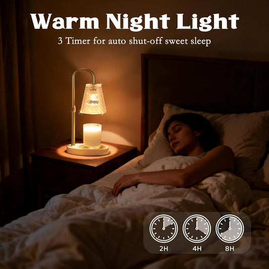 Candle Warmer Lamp with Timer - Adjustable Height Electric Wax Melter in Gold for Cozy Aesthetic Bedroom Home Decor Gift for Women Mother Friend Birthday Various Festivals