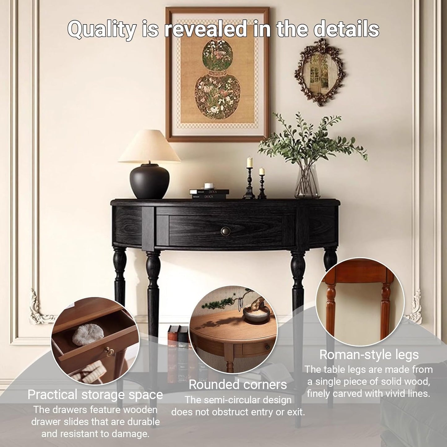 Half Moon Console Table,Solid Wood Console Tables for Entryway,Rounded corners, drawer design,with Storage Shelf,Roman column legs,for Living Room, Entrance, Hallway.(Dark Walnut,23.6*11.8*31.5in)