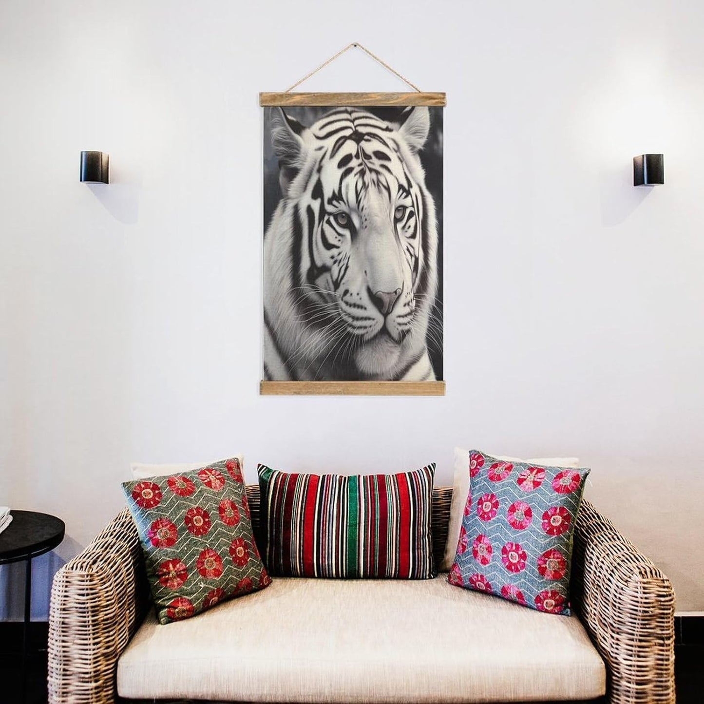 Vintage White Tiger Poster with Wooden Frame Personalized Linen Hanging Scroll Painting Rustic Wall Hanging Illustrative Modern Artwork Decor for Home Living Room Bedroom Office