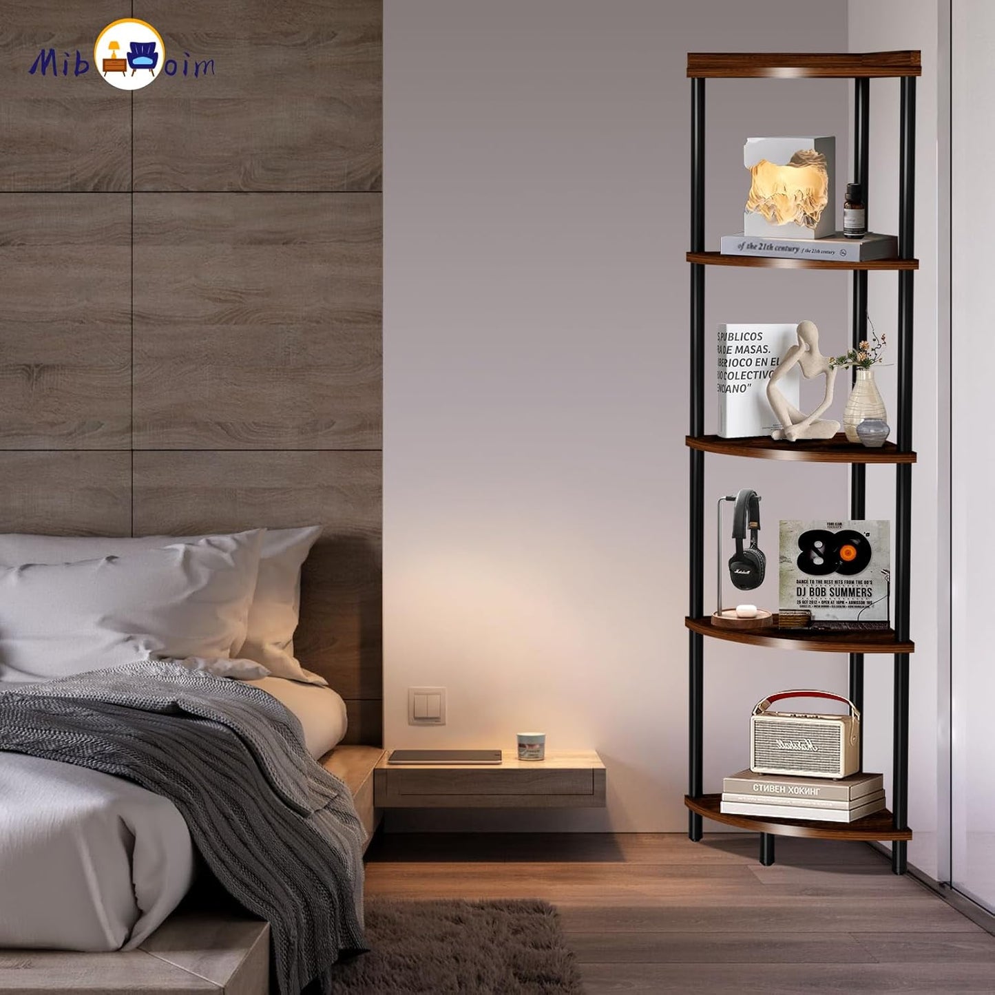 5Tier Wood Corner Shelf Stand:Tall Corner Bookshelf Storage Organizer for Living Room/Bedroom/Bathroom/Kitchen/Home Office,Display Corner Shelves for Small Space,Rustic Brown Esquineros de Sala