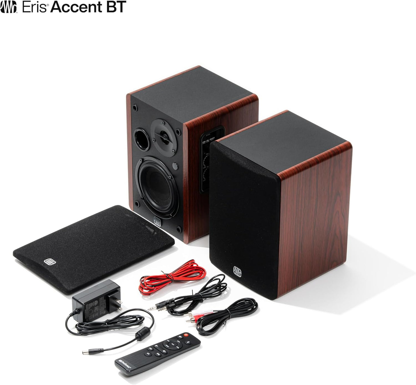 PreSonus Eris Accent BT 60W Powered Bookshelf Bluetooth Speakers – Studio Monitors for Turntable, Home, 4" Woofer, Silk Tweeter, USB-C, Optical, RCA, Coax, Remote, Sub Out, Wired Option, Wood Grain
