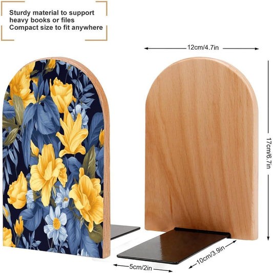 Blue Base Yellow Floral Bookend for Shelves Wooden Book End Large Size Sturdy Book Holders Stoppers with Metal Base for Bookshelves Slick Decorative Bookends Stands