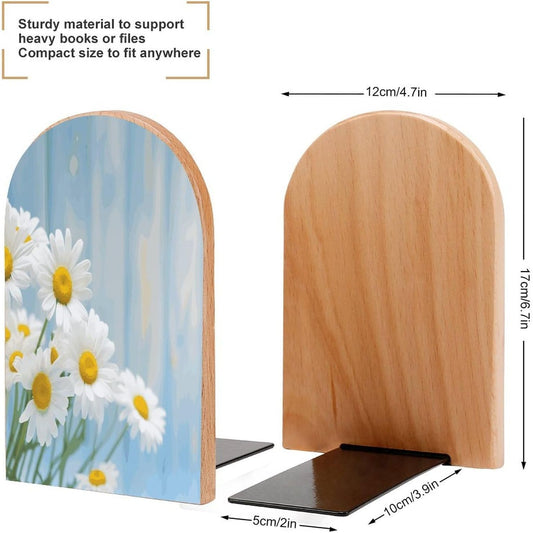 Non-Slip Bookend for Shelves Elegant Spring Daisy Flowers Wooden Bookends with Metal Base Decorative Book Stopper for Home Heavy Duty Wood Book Storage for Books/CDs