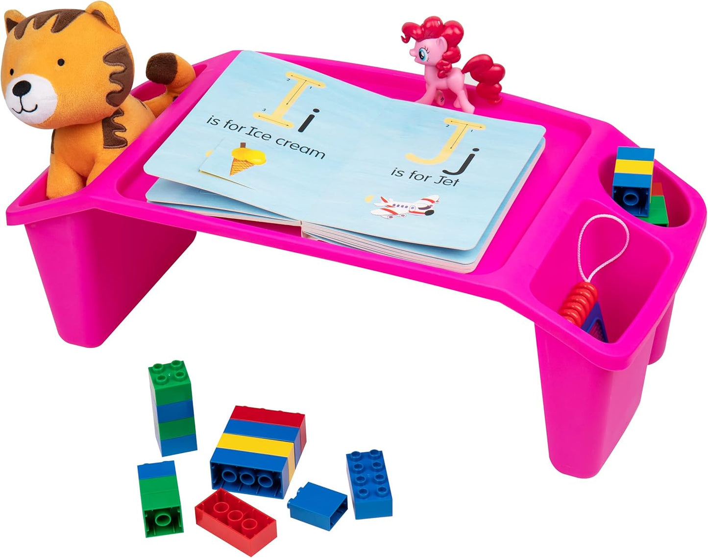 Mind Reader Kids Lap Desk, Portable Activity Tray with Side Storage, Stackable Plastic Desk for Drawing, Snacks, Study, Set of 2, Pink