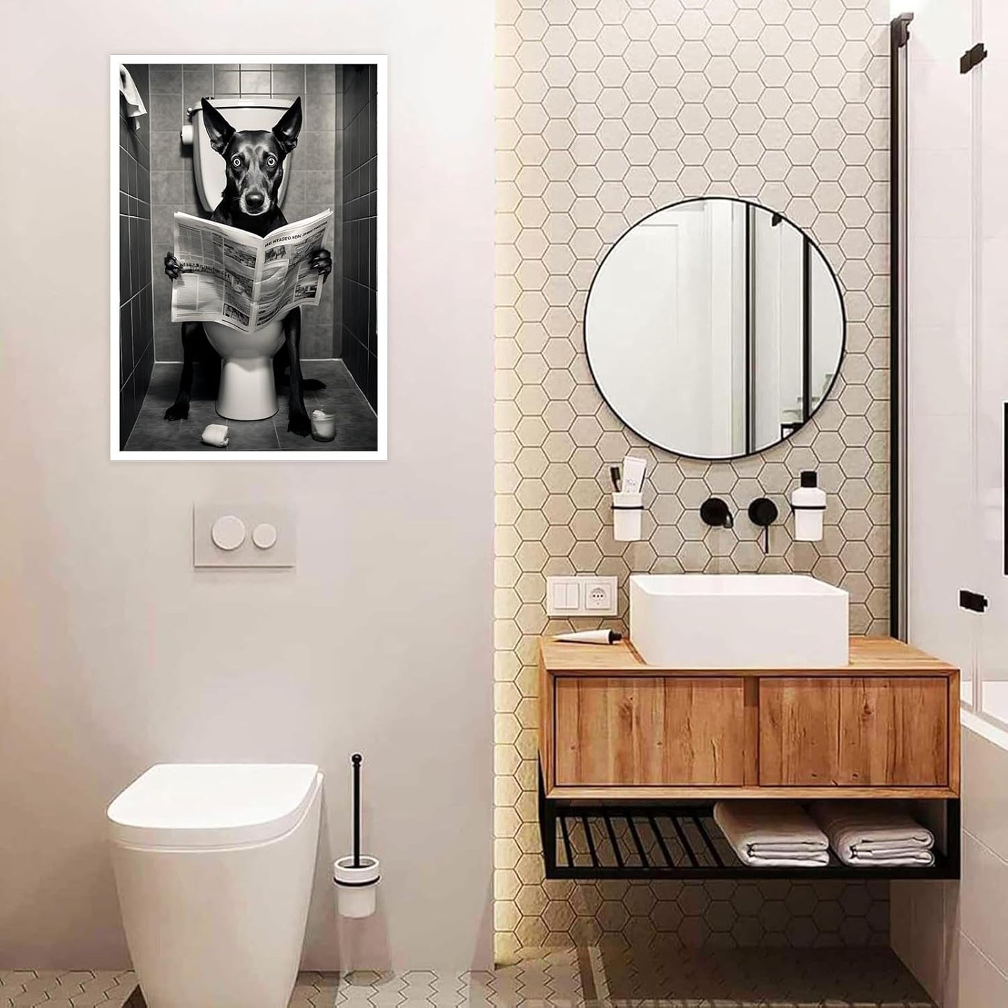 Vintage Dog Reading Newspaper Posters Doberman Sitting On The Toilet Canvas Wall Art Animals Black And White Prints Painting For Bathroom Home Bedroom Dorm Wall Decor 12x16in Unframed