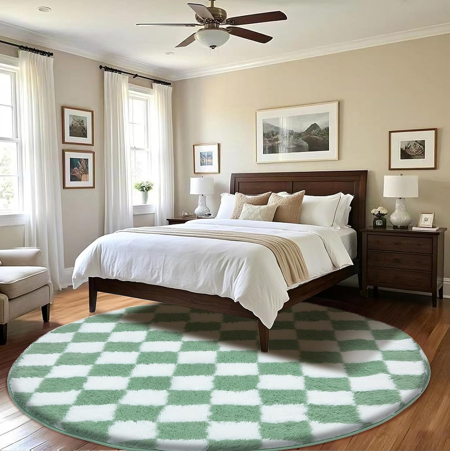 Super Soft Rug, Round Rug for Bedroom, 4X4 Ft Sage Green and White Checkered Round Rug Non-Slip High Pile Cute Soft Fluffy Rug for Living Room Bedroom Kids Room