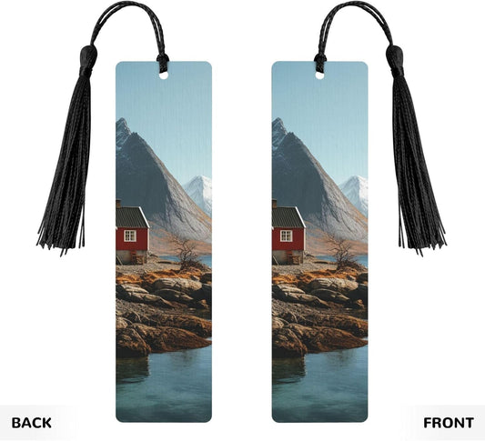 House Near Mountains Bookmarks Gifts for Women Men, Wooden Bookmarks for Book Lovers, Vintage Book Marks Ornaments with Tassel, Unique Personalized Reading Page Markers Black