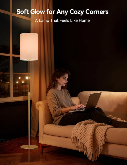 Tubicen 61" Gold Floor Lamp with Pull Chain 360° Full Beam Tall Standing Pole Lamps Adjustable Height Small Fabric Shade Base Dimmable Modern Slim Corner Floor Lamps for Living Room Bedroom Office